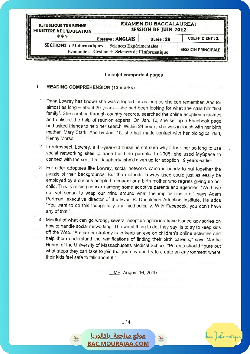 Sujet principale anglais Bac 2012 – Section info